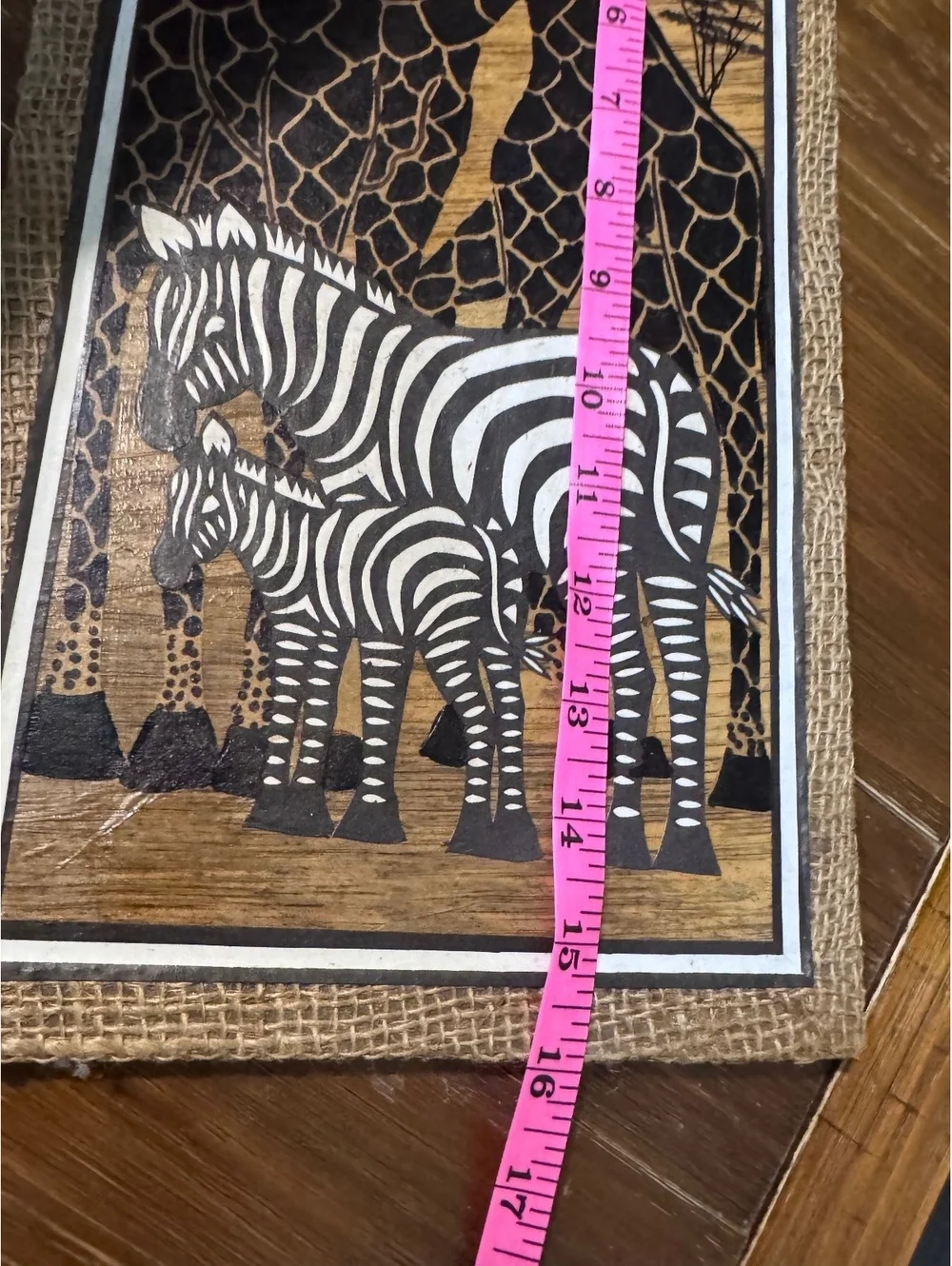 Kenyan African Folk Art Giraffe Zebra Wildlife Wall Hanging Burlap Frame 16”